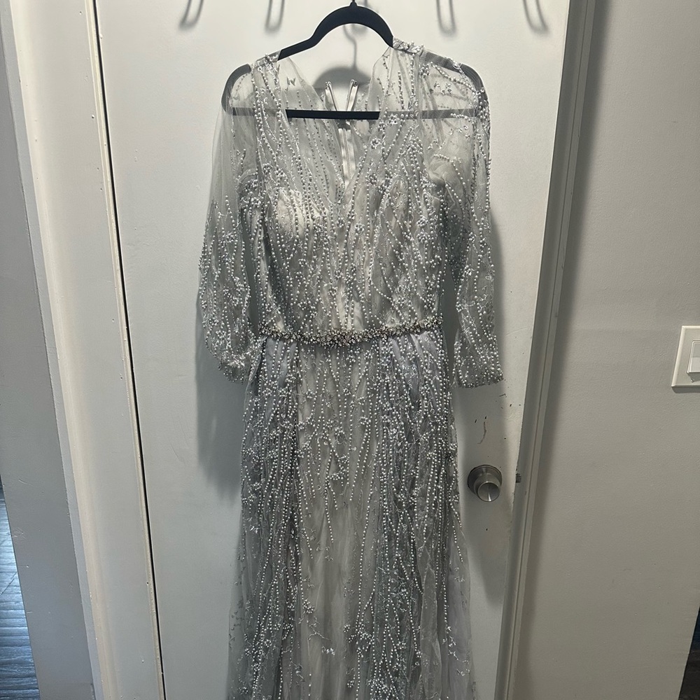 Women’s dress. Size 8. Pearl/ beading , silver/ gray. With sleeves
